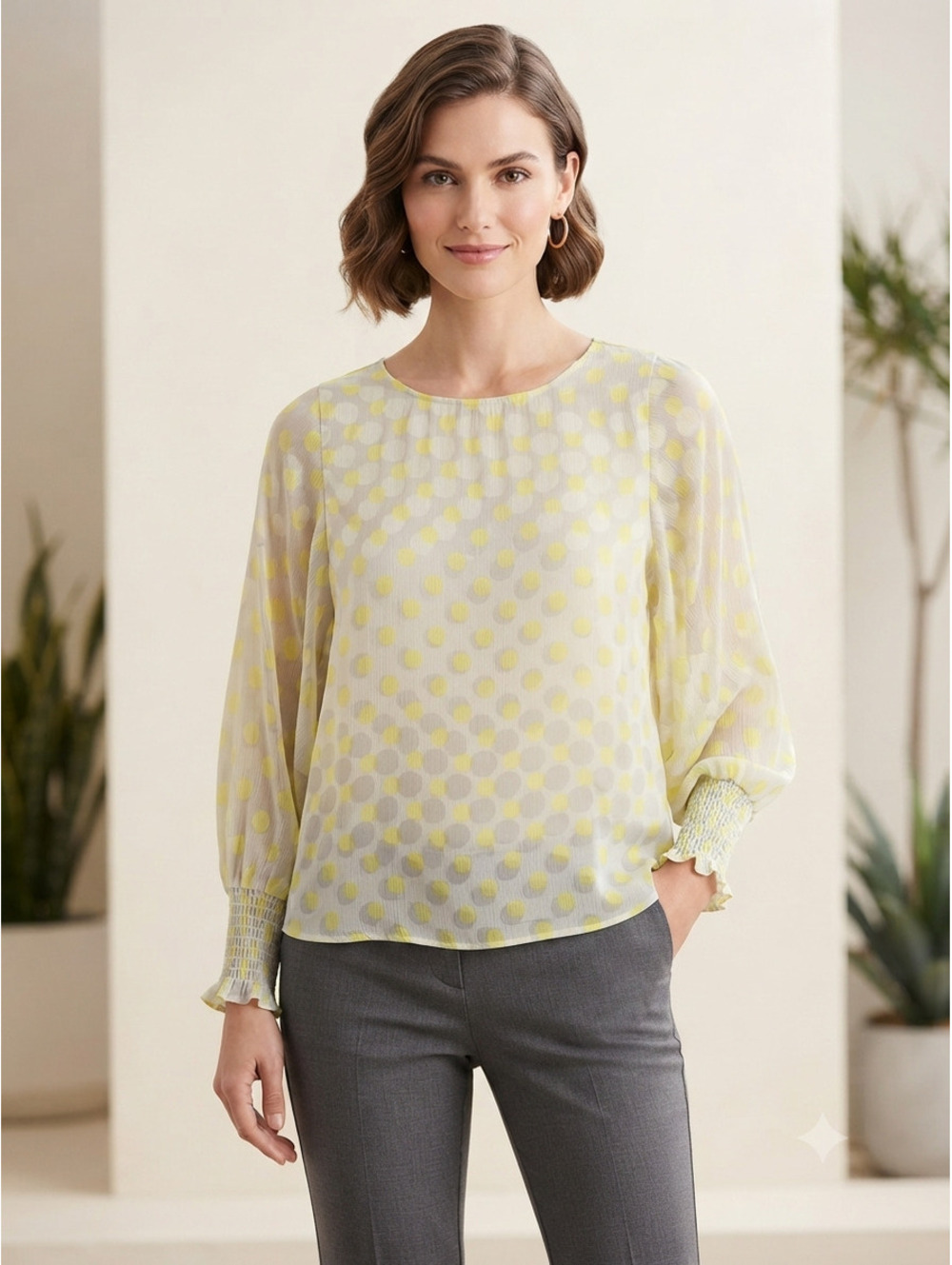 Marc New York Andrew Marc Yellow Polka Dot Sheer Blouse Size M